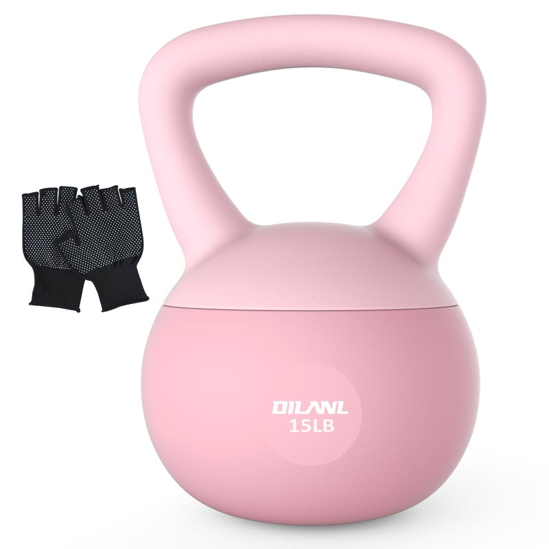 DILANL Soft Kettlebell, Safe Strength Training Kettle bell, Cushioned Impact-Resistant Base and Anti-Slip Grip Weight, Kettlebells Set for Home Workouts and Men/Women/ Beginners,With Non-slip Gloves (Pink, 15 LB) - Image 1
