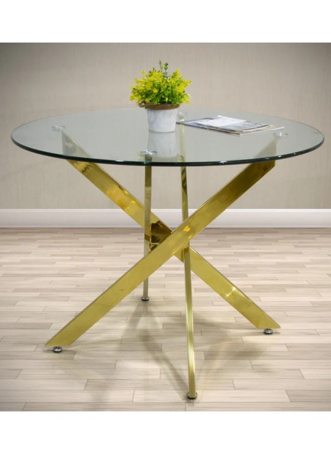 VANITY LIVING VANITY LIVING Dining Table with Glass Tabletop, 100cm Dia Round Dinner Table, Brakfast Kitchen Table with Black Metallic Base Modern Design  - Image 1