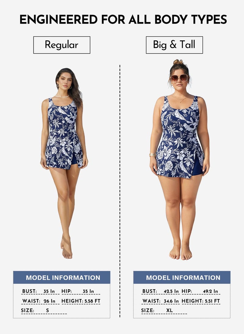 Aleumdr One Piece Swimdress Swimsuit for Women Tummy Control Split Swim Dress Skirt Bathing Suit with Pockets Blue Floral Large - Image 5