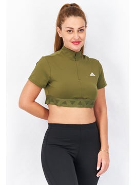 Adidas Women Sportswear Fit Short Sleeve Brand Logo Training Crop Top, Olive Combo  - Image 1