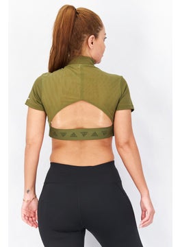 Adidas Women Sportswear Fit Short Sleeve Brand Logo Training Crop Top, Olive Combo  - Image 3