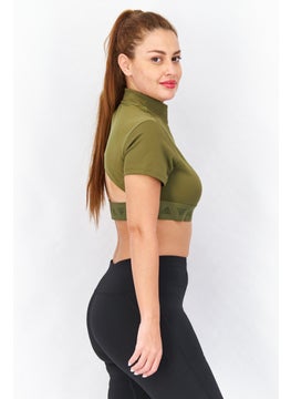 Adidas Women Sportswear Fit Short Sleeve Brand Logo Training Crop Top, Olive Combo  - Image 2