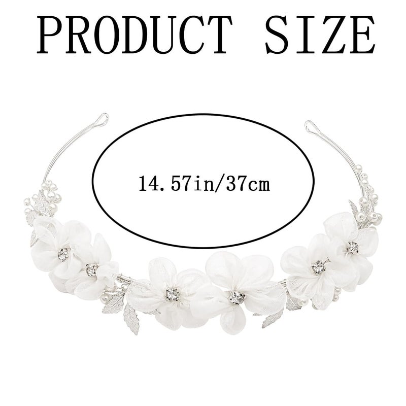 Heogacinlia White Tulle Flower Headband Flower Women Girl Headpiece Rhinestones Wedding Flower Headband Princess Crystal Pearl Hair Accessories for Wedding Birthday Party First Communion Tiara - Image 2