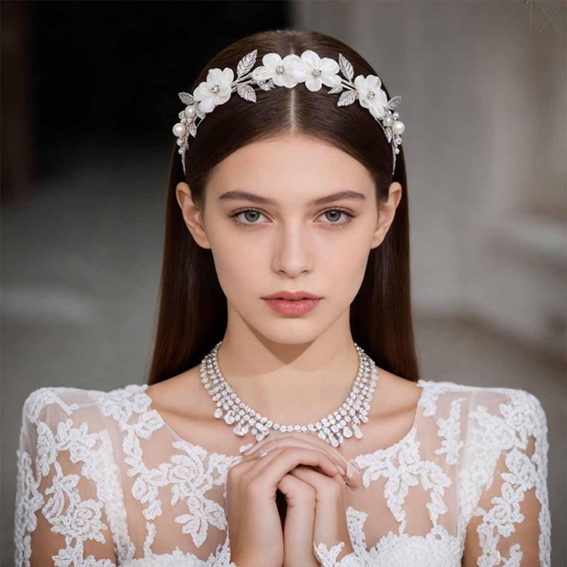 Heogacinlia White Tulle Flower Headband Flower Women Girl Headpiece Rhinestones Wedding Flower Headband Princess Crystal Pearl Hair Accessories for Wedding Birthday Party First Communion Tiara - Image 4