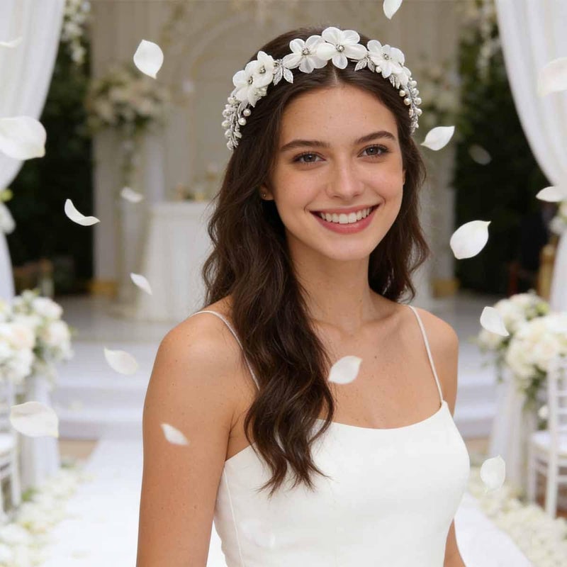 Heogacinlia White Tulle Flower Headband Flower Women Girl Headpiece Rhinestones Wedding Flower Headband Princess Crystal Pearl Hair Accessories for Wedding Birthday Party First Communion Tiara - Image 5