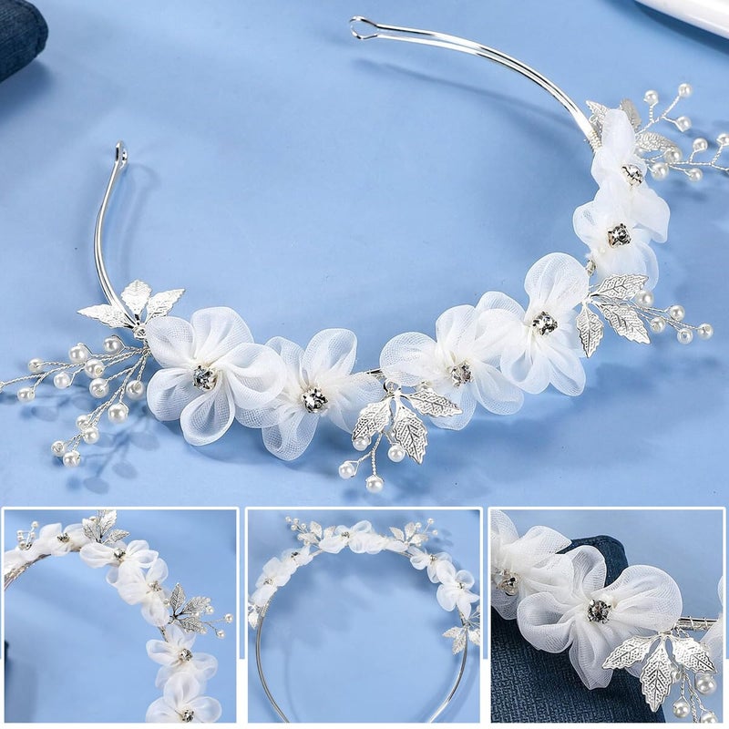 Heogacinlia White Tulle Flower Headband Flower Women Girl Headpiece Rhinestones Wedding Flower Headband Princess Crystal Pearl Hair Accessories for Wedding Birthday Party First Communion Tiara - Image 3