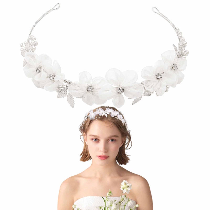 Heogacinlia White Tulle Flower Headband Flower Women Girl Headpiece Rhinestones Wedding Flower Headband Princess Crystal Pearl Hair Accessories for Wedding Birthday Party First Communion Tiara - Image 1