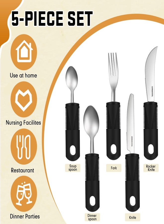 Uiifan 2 Set (10 Pcs) Adaptive Utensils for Hand Tremors, Elderly, Arthritis, Parkinsons Stainless Steel Easy Grip Handles Non Weighted Built up Utensils for Adults Hands Tremors Elderly, Black - Image 4