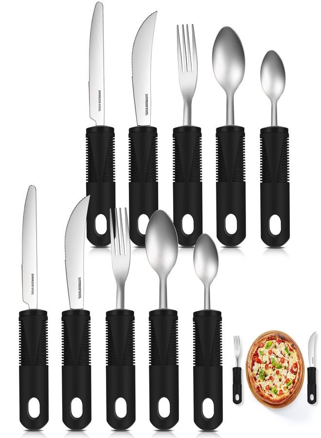 Uiifan 2 Set (10 Pcs) Adaptive Utensils for Hand Tremors, Elderly, Arthritis, Parkinsons Stainless Steel Easy Grip Handles Non Weighted Built up Utensils for Adults Hands Tremors Elderly, Black - Image 1