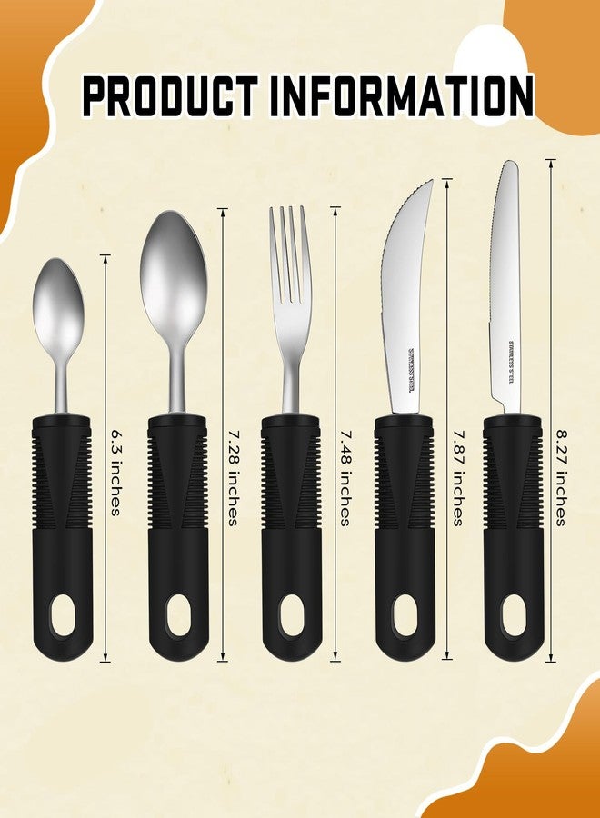 Uiifan 2 Set (10 Pcs) Adaptive Utensils for Hand Tremors, Elderly, Arthritis, Parkinsons Stainless Steel Easy Grip Handles Non Weighted Built up Utensils for Adults Hands Tremors Elderly, Black - Image 2