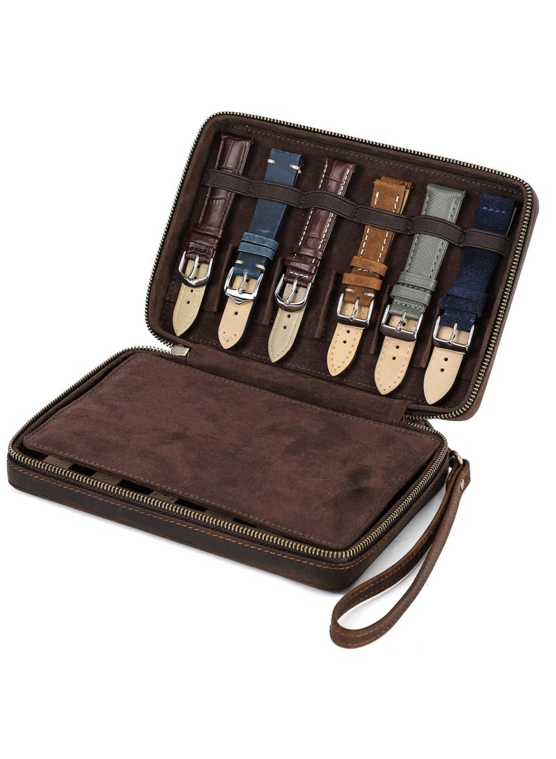 Y&D Portable Brown Leather Watch Band Storage Case for Travel 12 Slots/ Apple Case/ Garmin Fenix Bands/ Samsung - Not Large Bands - Image 1