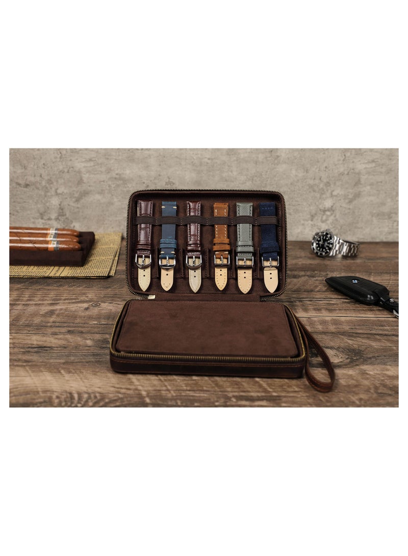 Y&D Portable Brown Leather Watch Band Storage Case for Travel 12 Slots/ Apple Case/ Garmin Fenix Bands/ Samsung - Not Large Bands - Image 3