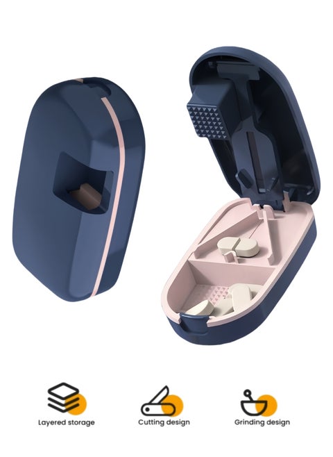 Portable pill box, pill cutter for small and large pills, pill box with grinding function, storage function and separate medicine outlet, suitable for daily use and travel (blue)