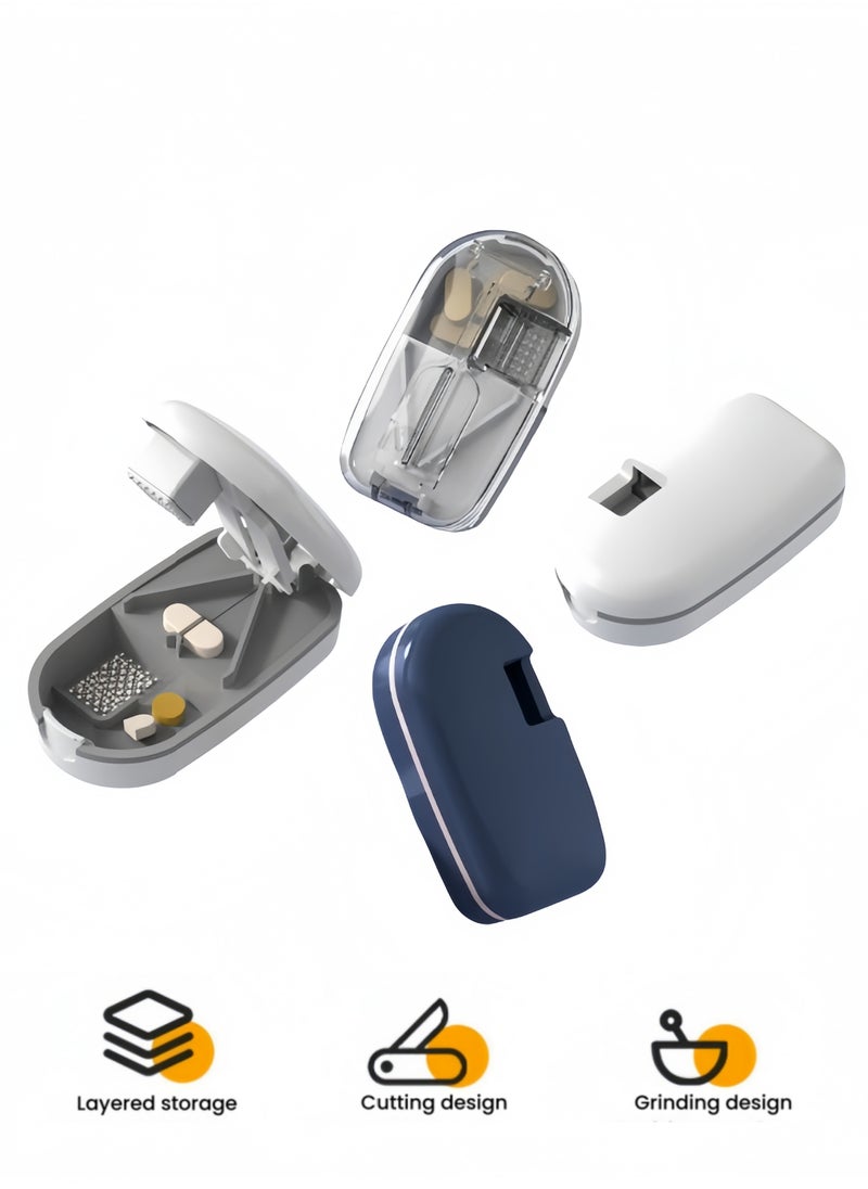 Portable pill box, pill cutter for small and large pills, pill box with grinding function, storage function and separate medicine outlet, suitable for daily use and travel (blue)