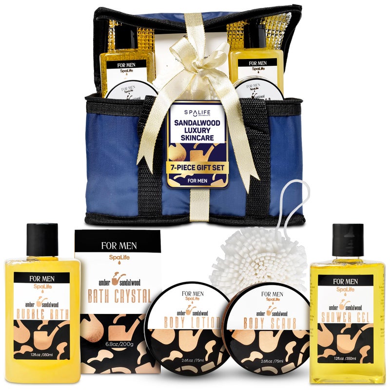 SpaLife Luxury Spa Skincare Sandalwood Gift Set for Men | Mens Body Wash Gifts | Mens Gift Set for Bath and Body | Christmas Gifts for Men | Cleansing, Moisturizing, Exfoliating | 7-Piece Bundle - Image 1