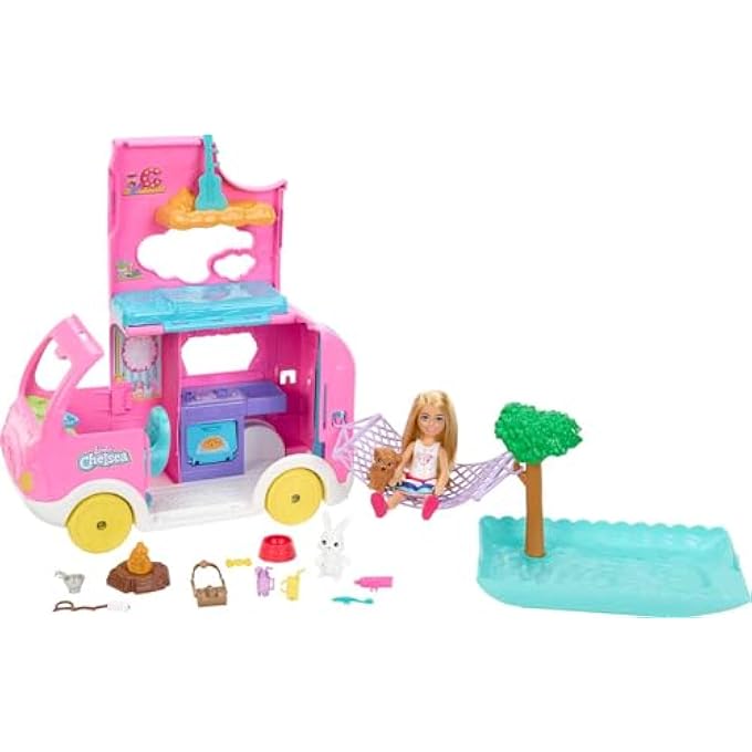 CHELSEA 2-IN-1 CAMPER PLAYSET WITH CHELSEA SMALL DOLL, 2 PETS & 15 ACCESSORIES - Image 1