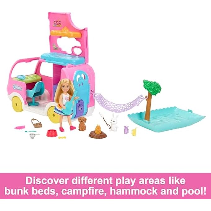 CHELSEA 2-IN-1 CAMPER PLAYSET WITH CHELSEA SMALL DOLL, 2 PETS & 15 ACCESSORIES - Image 5
