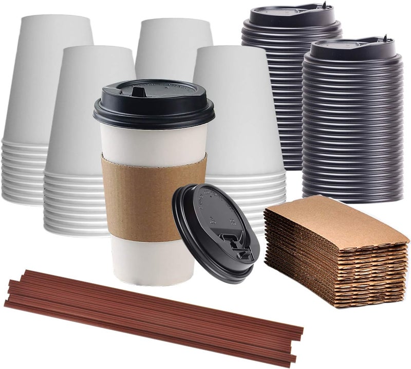 Lainrrew 50 Sets Disposable Coffee Cups with Lids & Sleeve, 12 oz to Go Coffee Cups Leakproof Paper Coffee Cups Hot Beverage Cups for Hot and Cold Drinks - Image 1