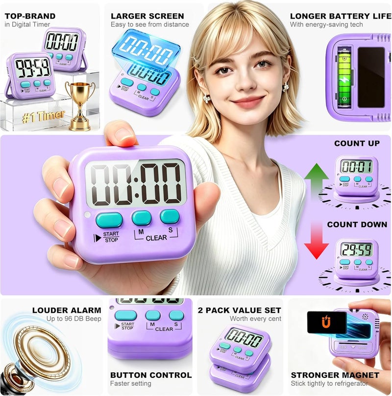 Antonki 2 Pack Digital Timer for Kids, Magnetic Countdown Kitchen Timers for Cooking, Egg, Classroom, Teacher, Exercise, Study, Oven - Battery Included - Image 4