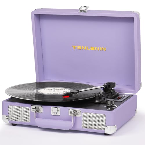 TANLANIN Vinyl Record Player with Built-in Speakers Vintage 3-Speed Portable Suitcase Bluetooth Turntables with USB Recording Belt-Driven LP Player Support AUX/RCA/Headphone Jack, Purple Leather - Image 1