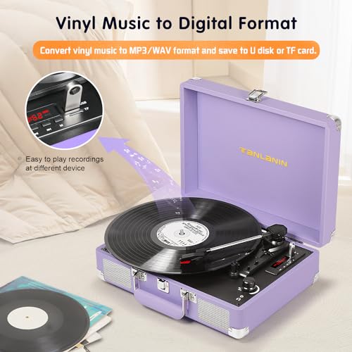TANLANIN Vinyl Record Player with Built-in Speakers Vintage 3-Speed Portable Suitcase Bluetooth Turntables with USB Recording Belt-Driven LP Player Support AUX/RCA/Headphone Jack, Purple Leather - Image 3