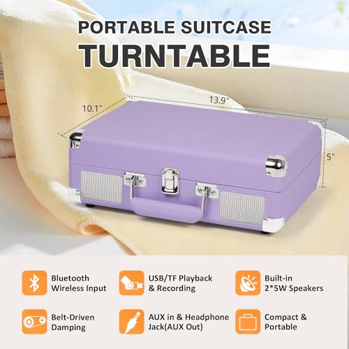 TANLANIN Vinyl Record Player with Built-in Speakers Vintage 3-Speed Portable Suitcase Bluetooth Turntables with USB Recording Belt-Driven LP Player Support AUX/RCA/Headphone Jack, Purple Leather - Image 4