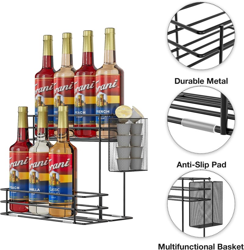 OVICAR Coffee Syrup Organizer Rack - 8 Bottle Holder Stand for Coffee Bar & Station Accessories with Straw & Pod Basket, 2 Tiers Black - Image 4