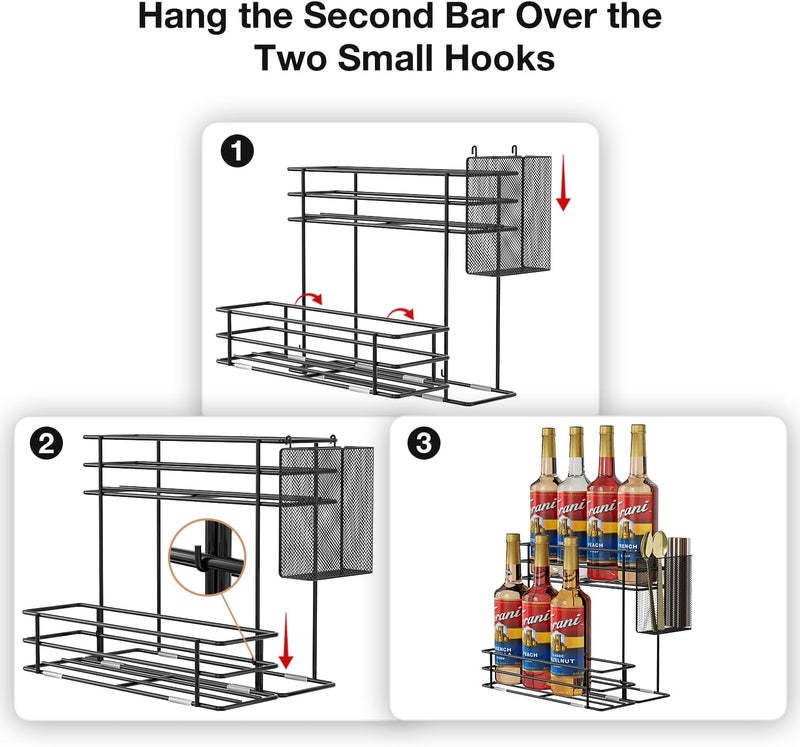 OVICAR Coffee Syrup Organizer Rack - 8 Bottle Holder Stand for Coffee Bar & Station Accessories with Straw & Pod Basket, 2 Tiers Black - Image 5