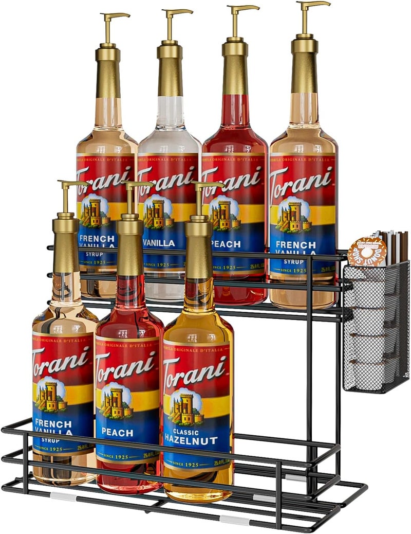 OVICAR Coffee Syrup Organizer Rack - 8 Bottle Holder Stand for Coffee Bar & Station Accessories with Straw & Pod Basket, 2 Tiers Black - Image 1