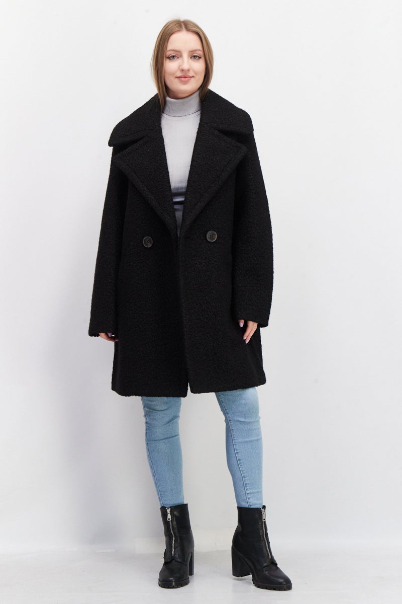 Women Textured  Long Sleeve Trench Coat, Black