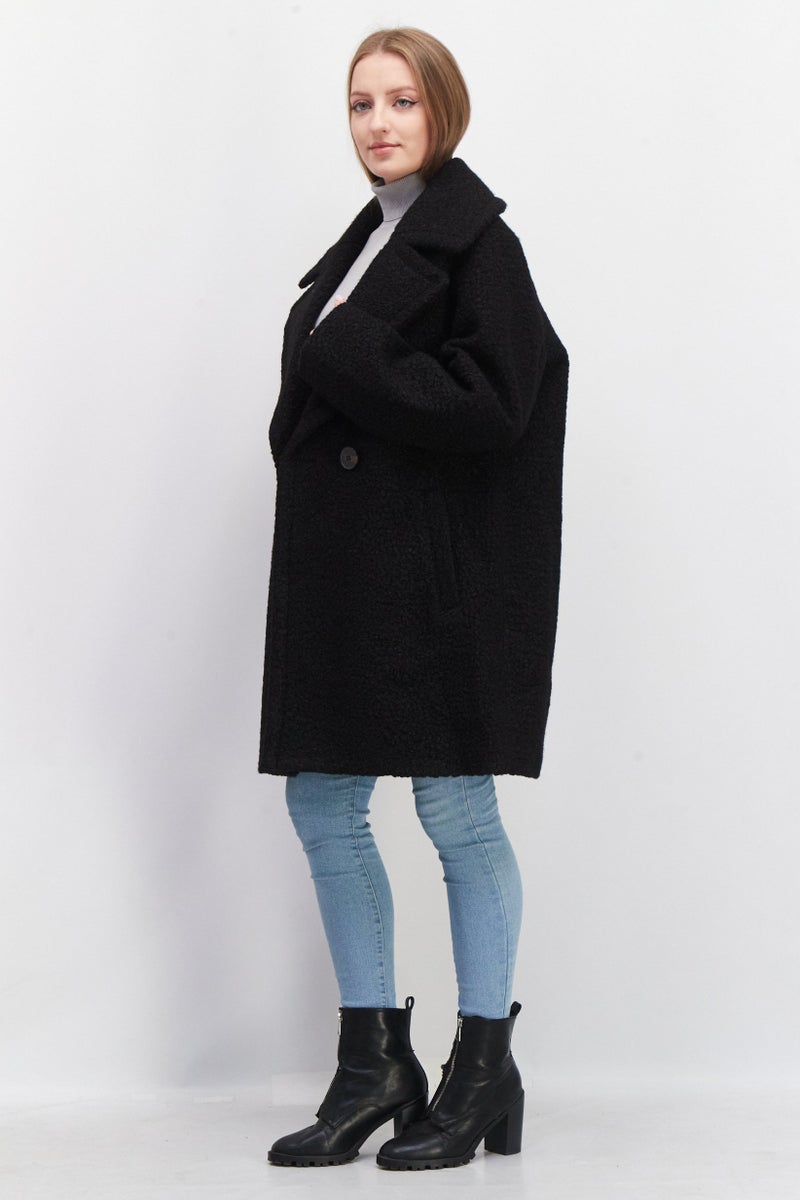 Women Textured  Long Sleeve Trench Coat, Black