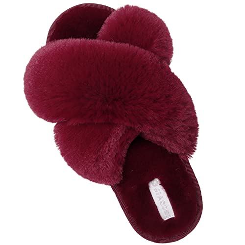 JIASUQI Cross Open Toe Fuzzy Fluffy House Slippers for Women Cozy Memory Foam Plush Criss Cross Furry Slides Slippers Red 8-9 - Image 1