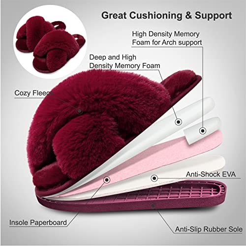 JIASUQI Cross Open Toe Fuzzy Fluffy House Slippers for Women Cozy Memory Foam Plush Criss Cross Furry Slides Slippers Red 8-9 - Image 5