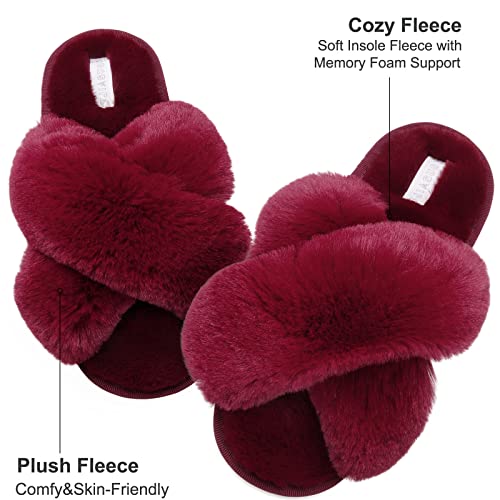 JIASUQI Cross Open Toe Fuzzy Fluffy House Slippers for Women Cozy Memory Foam Plush Criss Cross Furry Slides Slippers Red 8-9 - Image 3