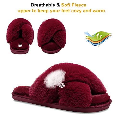 JIASUQI Cross Open Toe Fuzzy Fluffy House Slippers for Women Cozy Memory Foam Plush Criss Cross Furry Slides Slippers Red 8-9 - Image 4
