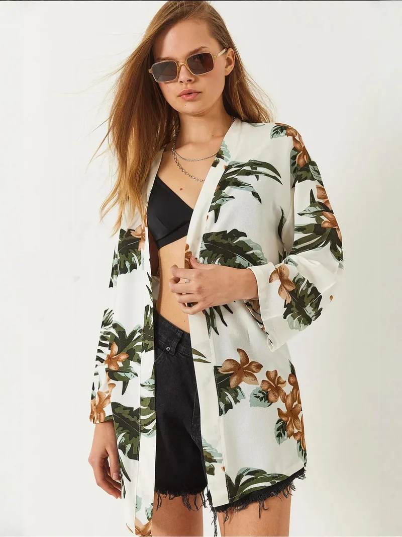 Bianco Lucci Beige Natural LUCCI Floral Printed Loose Fit Kimono with Shawl Collar for Women | Best Price UAE