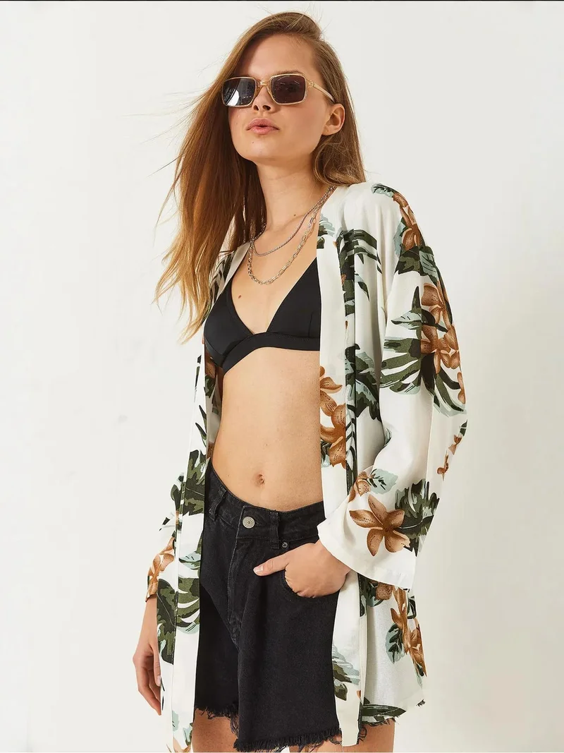 Bianco Lucci Beige Natural LUCCI Floral Printed Loose Fit Kimono with Shawl Collar for Women | Best Price UAE