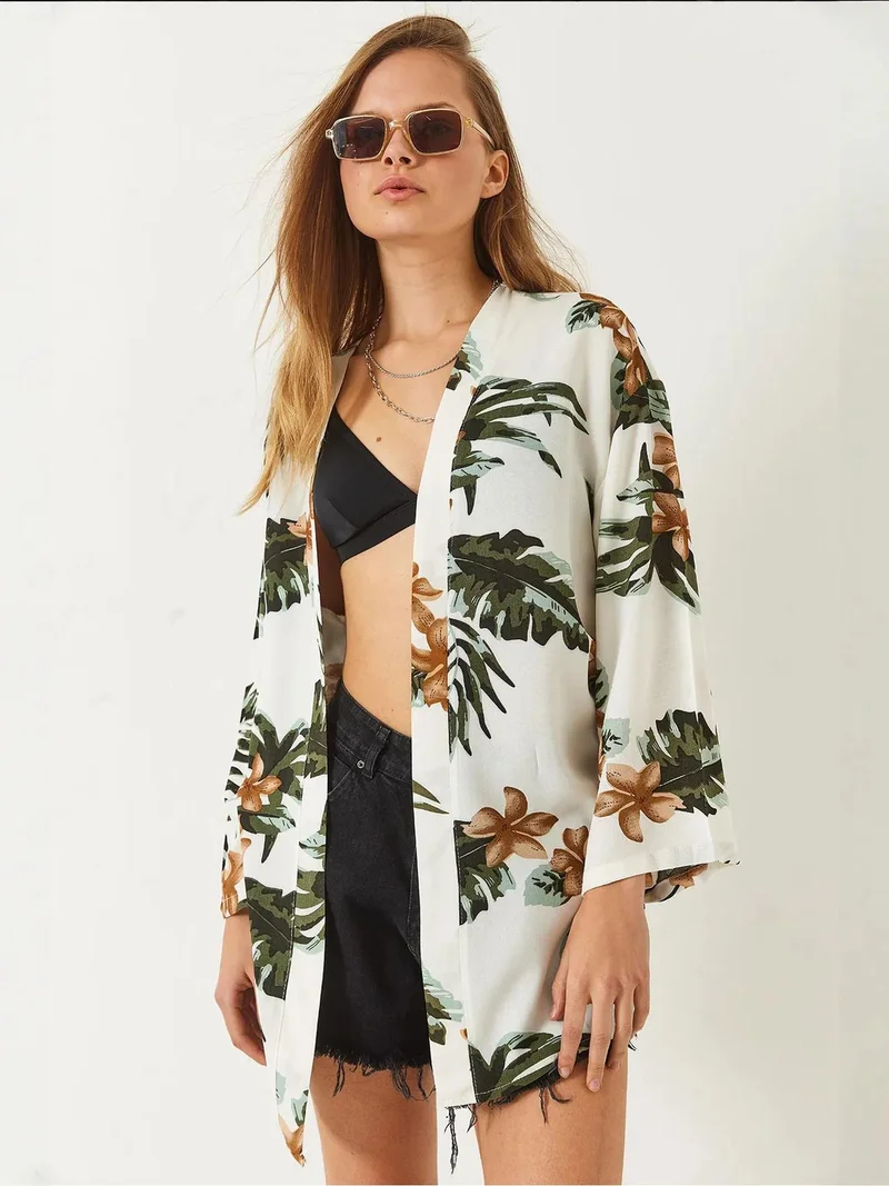 Bianco Lucci Beige Natural LUCCI Floral Printed Loose Fit Kimono with Shawl Collar for Women | Best Price UAE