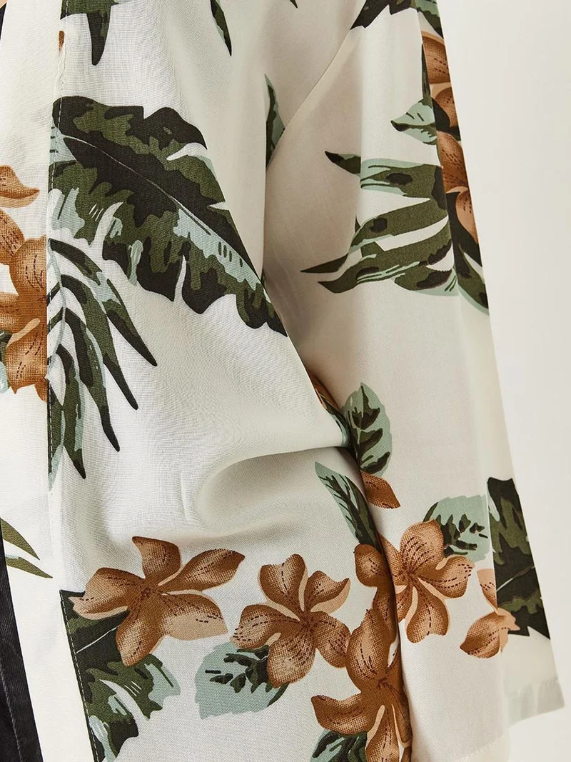 Bianco Lucci Beige Natural LUCCI Floral Printed Loose Fit Kimono with Shawl Collar for Women | Best Price UAE