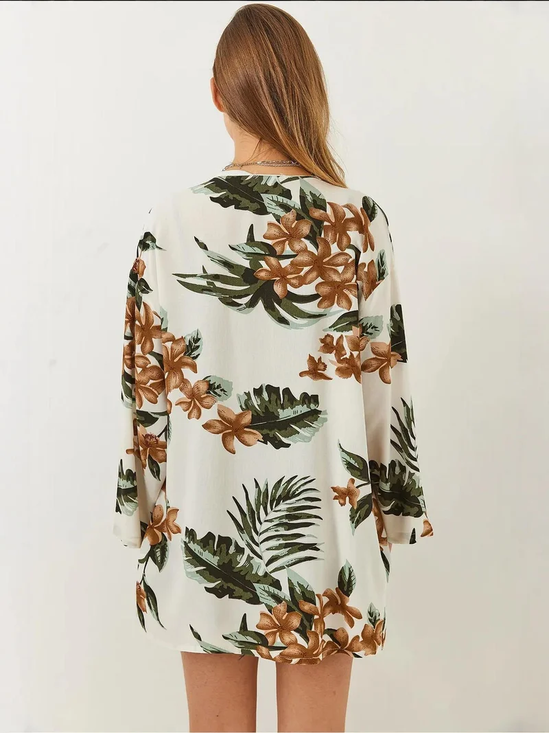 Bianco Lucci Beige Natural LUCCI Floral Printed Loose Fit Kimono with Shawl Collar for Women | Best Price UAE