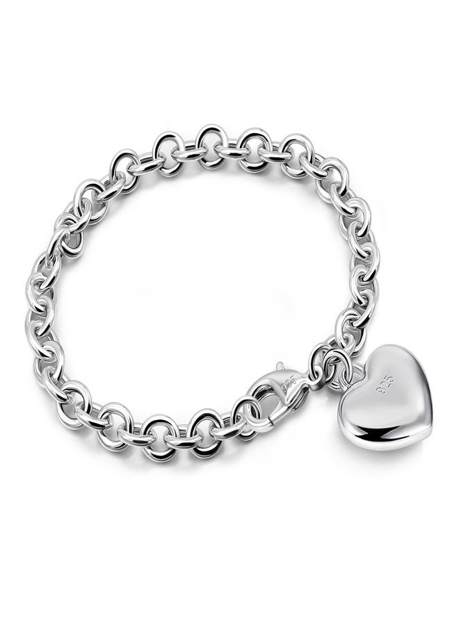 Dankadi Women 925 Sterling Silver Round Cable Wire Link Bracelet Charm Heart-Bell-Square-Circle Pendant Chain Bangle Fine Jewelry Gift For Wife Her, 8.5 in, Sterling Silver, no gemstone - Image 1