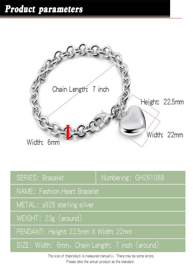 Dankadi Women 925 Sterling Silver Round Cable Wire Link Bracelet Charm Heart-Bell-Square-Circle Pendant Chain Bangle Fine Jewelry Gift For Wife Her, 8.5 in, Sterling Silver, no gemstone - Image 3