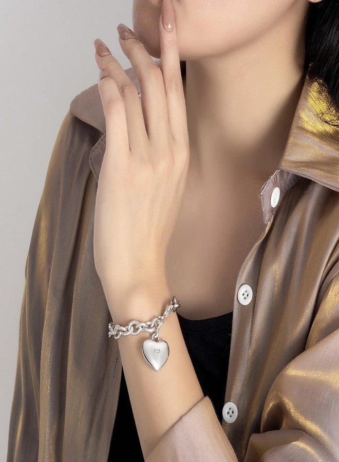 Dankadi Women 925 Sterling Silver Round Cable Wire Link Bracelet Charm Heart-Bell-Square-Circle Pendant Chain Bangle Fine Jewelry Gift For Wife Her, 8.5 in, Sterling Silver, no gemstone - Image 2