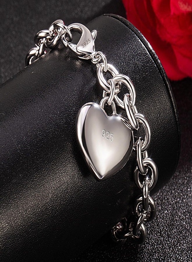 Dankadi Women 925 Sterling Silver Round Cable Wire Link Bracelet Charm Heart-Bell-Square-Circle Pendant Chain Bangle Fine Jewelry Gift For Wife Her, 8.5 in, Sterling Silver, no gemstone - Image 5