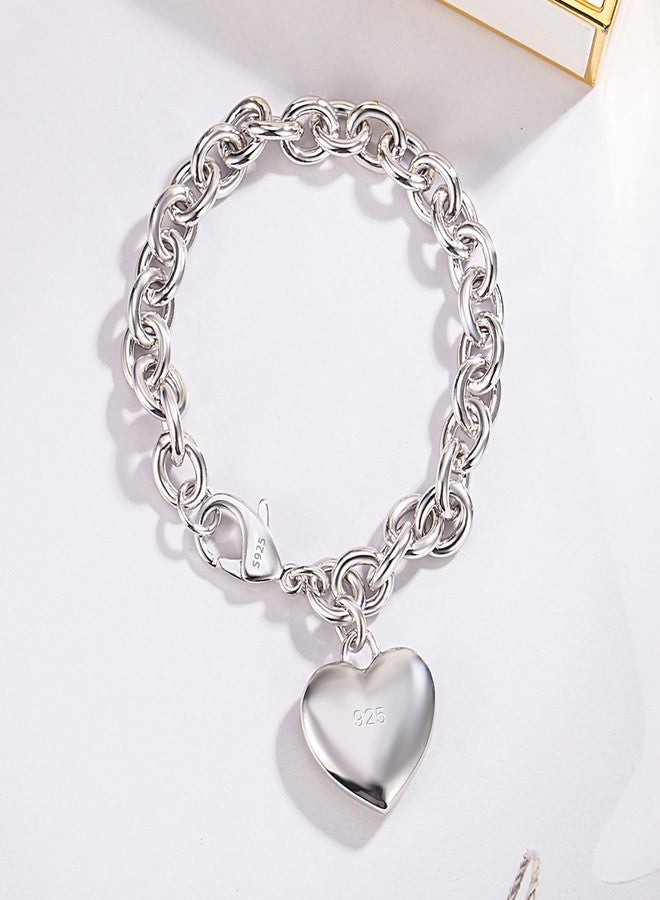 Dankadi Women 925 Sterling Silver Round Cable Wire Link Bracelet Charm Heart-Bell-Square-Circle Pendant Chain Bangle Fine Jewelry Gift For Wife Her, 8.5 in, Sterling Silver, no gemstone - Image 4