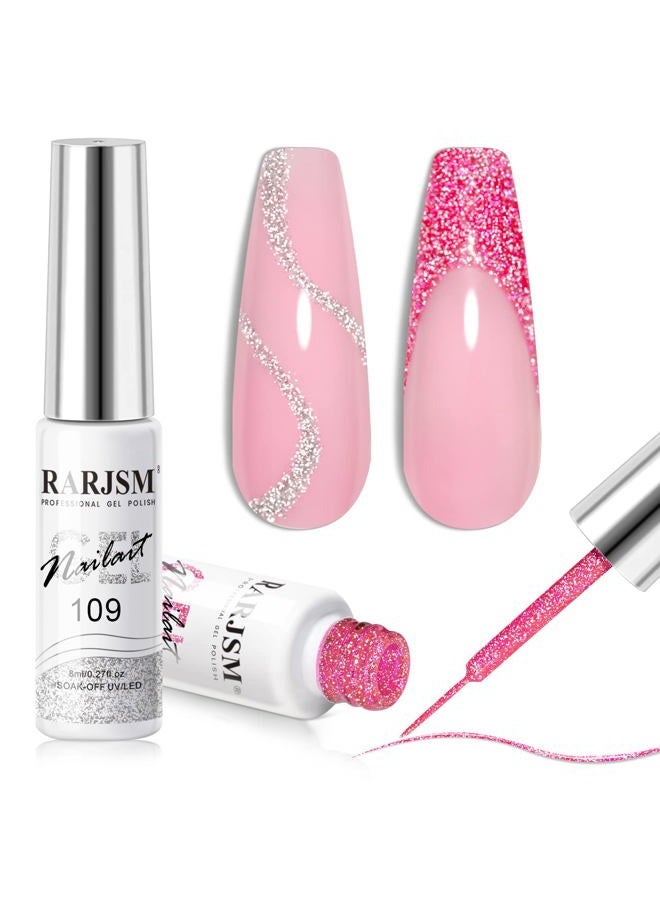 RARJSM Gel Liner Nail Art Reflective Glitter Gel Nail Polish Thin Brush Silver Neon Hot Pink Flash Diamond Painted Gel 2PCS Set Soak Off Curing Requires 8ml for Home Salon DIY Nail Design Decoration - Image 1