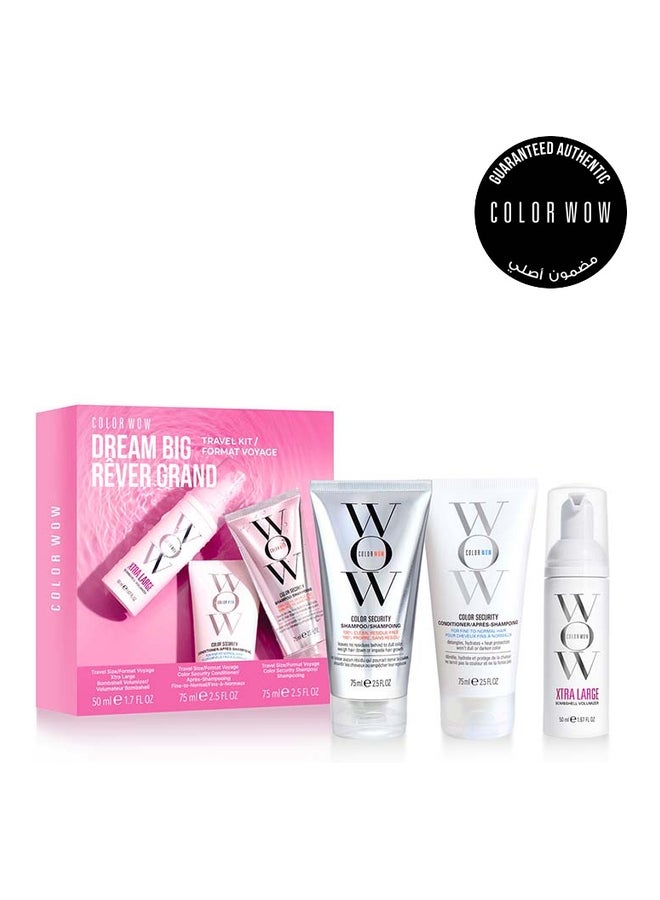 Color Wow Dream Big Discovery Set contains Color Security Shampoo 75ml, Color Security Conditioner For Fine To Normal Hair 75ml, Xtra Large Bombshell Volumizer 50ml - Image 1