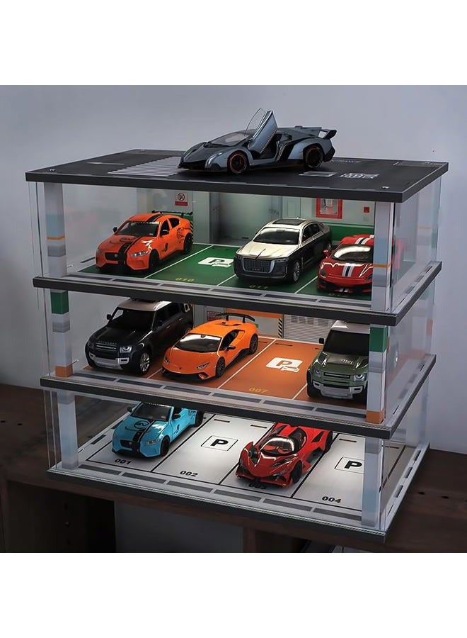 kivcmds Model Car Display Case 1:24 Scale Diecast Diorama Garage with Lights for Lego Alloy Car Collectibles Wood Storage Shelf,3 Tiers of 12 Parking Spaces - Image 3