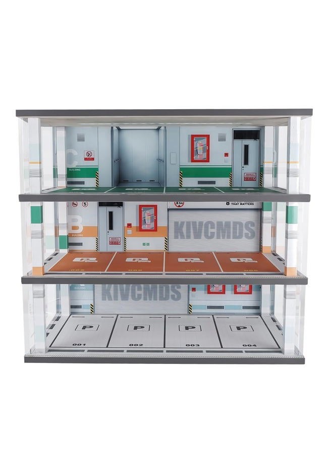 kivcmds Model Car Display Case 1:24 Scale Diecast Diorama Garage with Lights for Lego Alloy Car Collectibles Wood Storage Shelf,3 Tiers of 12 Parking Spaces - Image 1