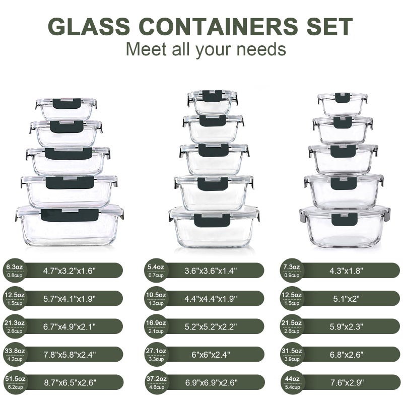KOMUEE 30 Pieces Glass Food Storage Containers Set, Glass Meal Prep Containers Set with Snap Locking Lids, Airtight lunch Containers for Microwave, Oven, Freezer & Dishwasher,Gray - Image 2
